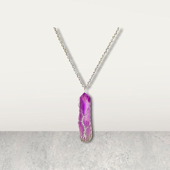 Wire Wrapped Quartz Crystal Necklace Tree of Life, Lavender - Picture 5 of 15